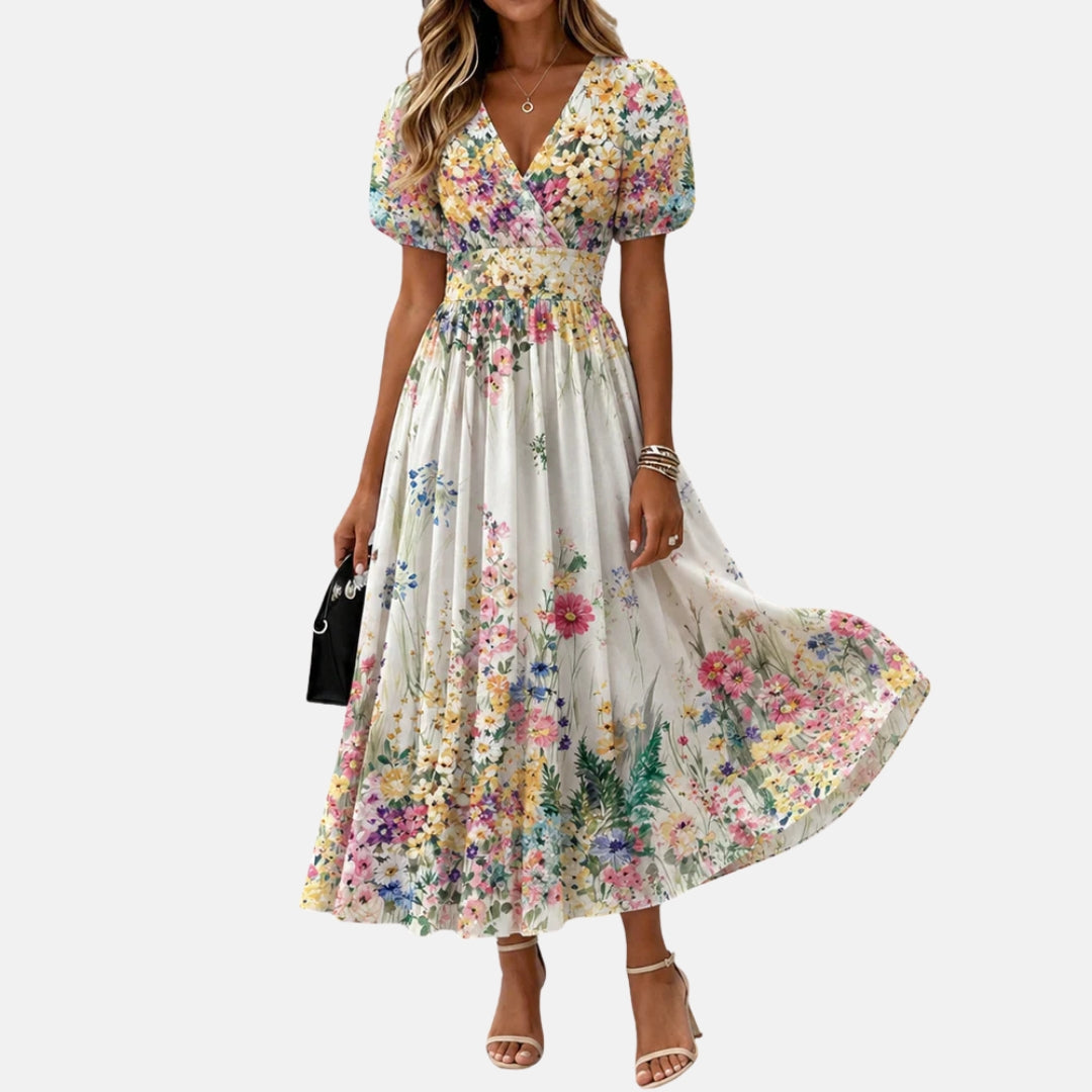 VERLAINE PARIS™| Robe midi cache-cœur à imprimé fleuri