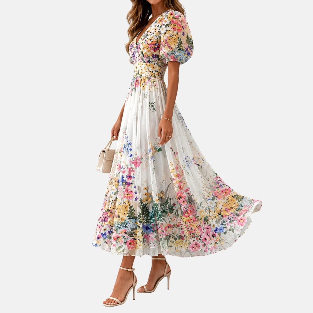 VERLAINE PARIS™| Robe midi cache-cœur à imprimé fleuri
