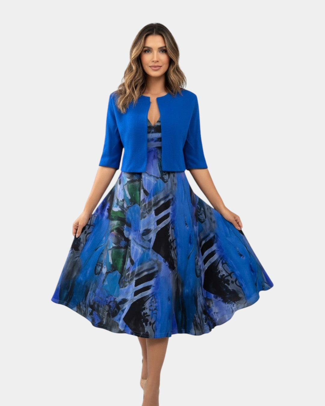 VERLAINE PARIS™| Robe midi fluide imprimée avec veste assortie