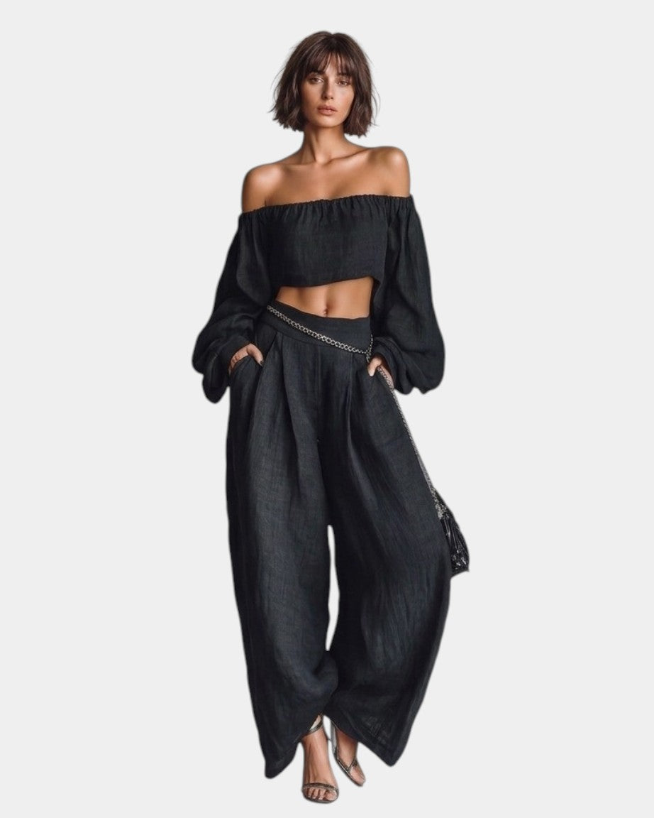 VERLAINE PARIS™| Ensemble à épaules dénudées avec pantalon large